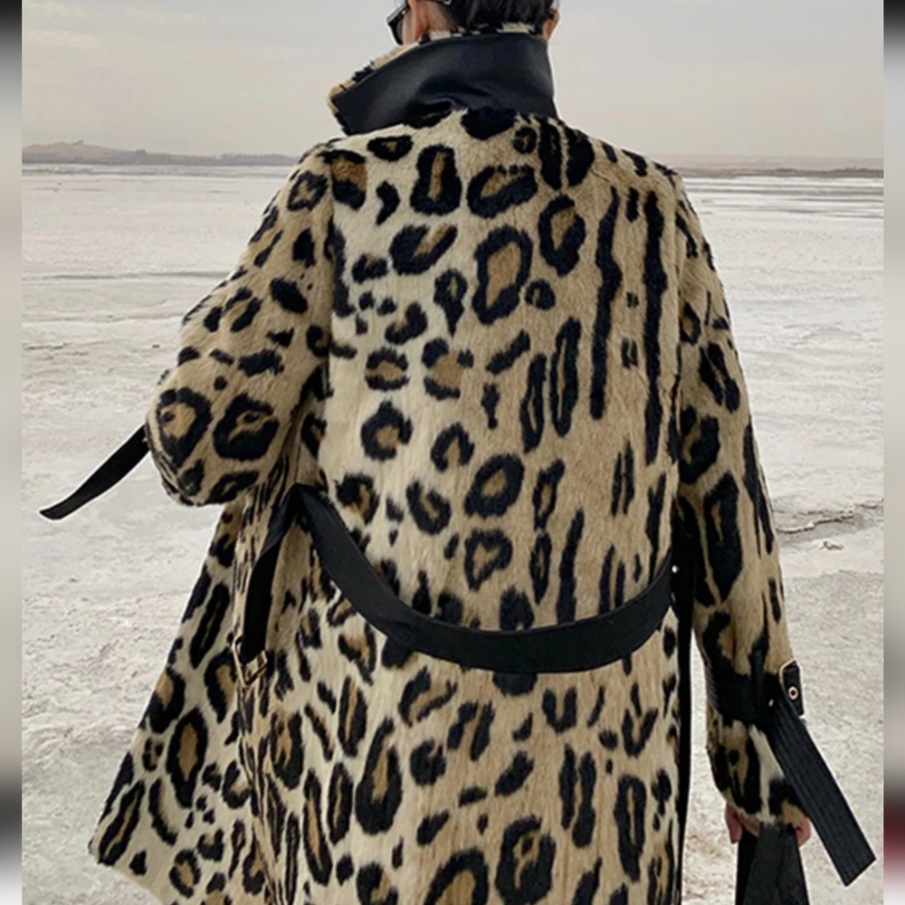 Long Leopard Print Warm Fluffy Faux Fur Trench Coat for Women - Picture 2 of 12